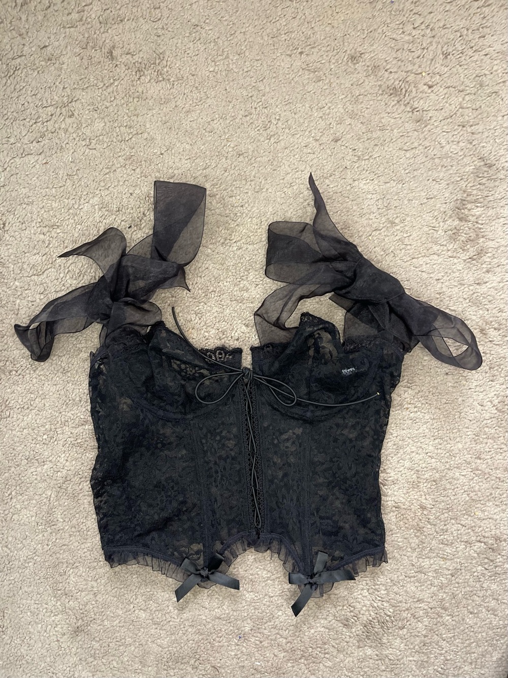 SHEIN Black Lace Corset Crop Top with Sheer Ribbon Straps